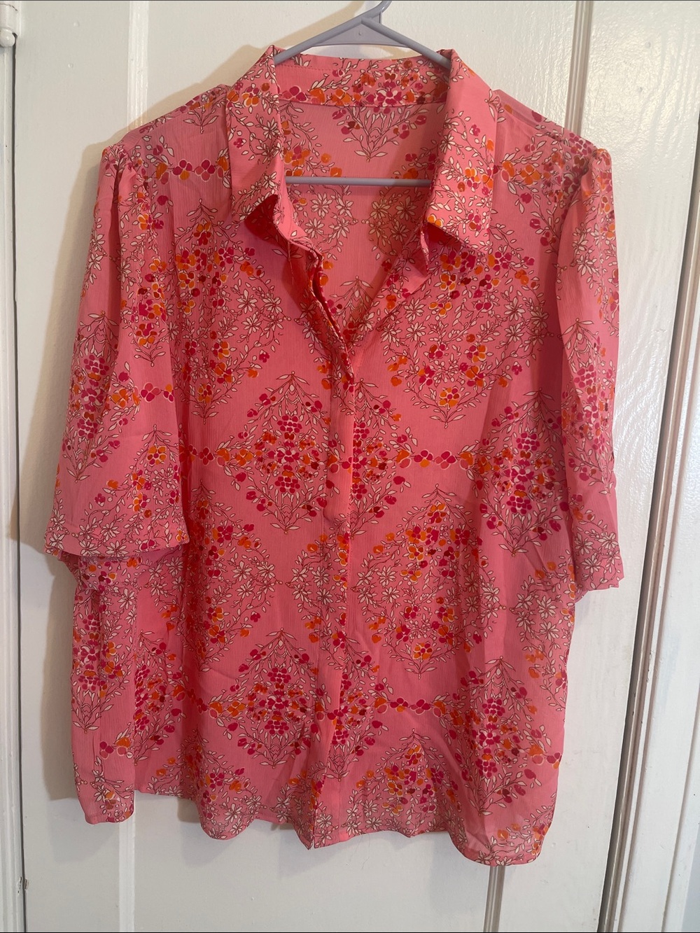 88. Floral Pink Button-Front Women's Blouse